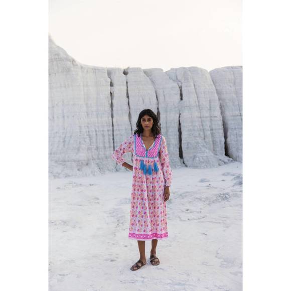 NEW SZ BLOCKPRINTS kitty midi dress in essa print pink - Picture 1 of 4